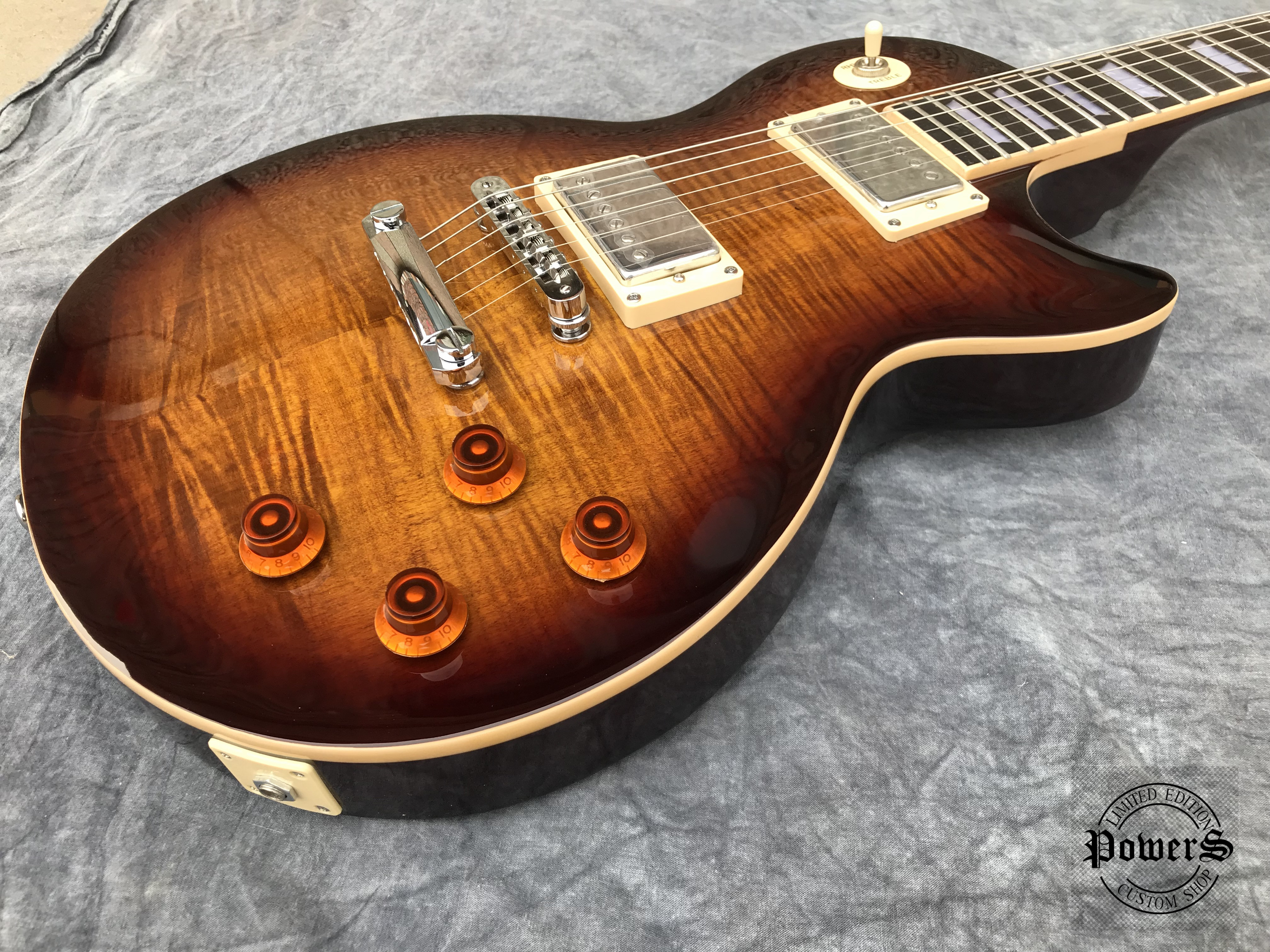 

China electric guitar OEM shop G standard lp one piece wood neck and body Yellow binding, flamed maple wood, quality ABR - 1 bridge