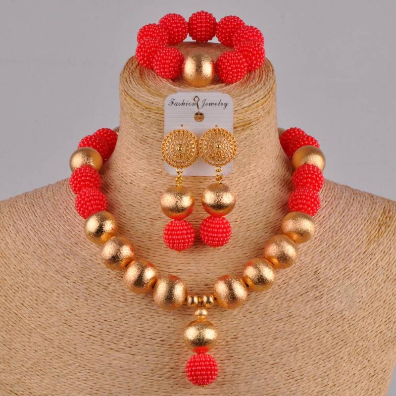 

Earrings & Necklace Red Fashion African Handmade Beaded Nigeria Wedding Jewelry Set Imitation Pearl Female Earring Bracelet XX-29, As pic