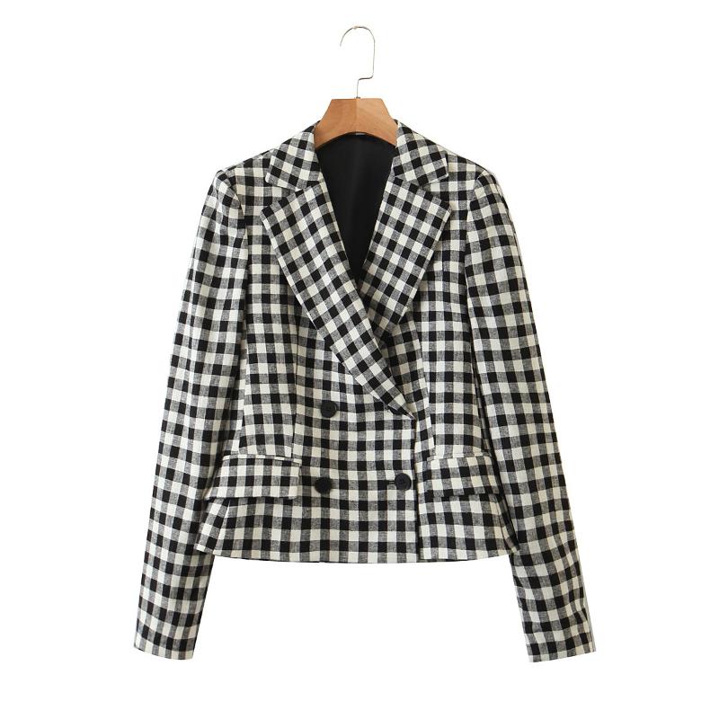 

High Quality Female Blazers Designer New Coat Office Lady Black White Plaid Double Breasted Long Sleeve Suit Jacket with Pockets