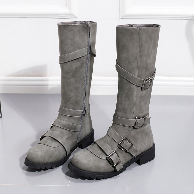 

Women High Boots Heels Casual Shoes Woman Leather Boots Buckle Plus Size, Black