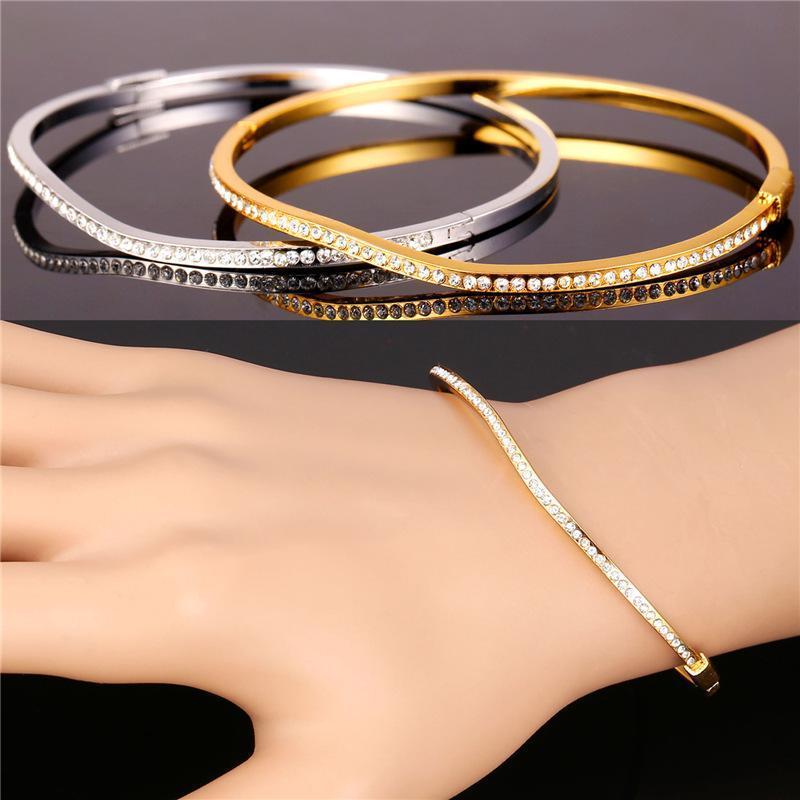 

Clear Austrian Rhinestone Jewelry for Women Platinum/18K Real Gold Plated Casual Style Irregular Bangle Bracelet