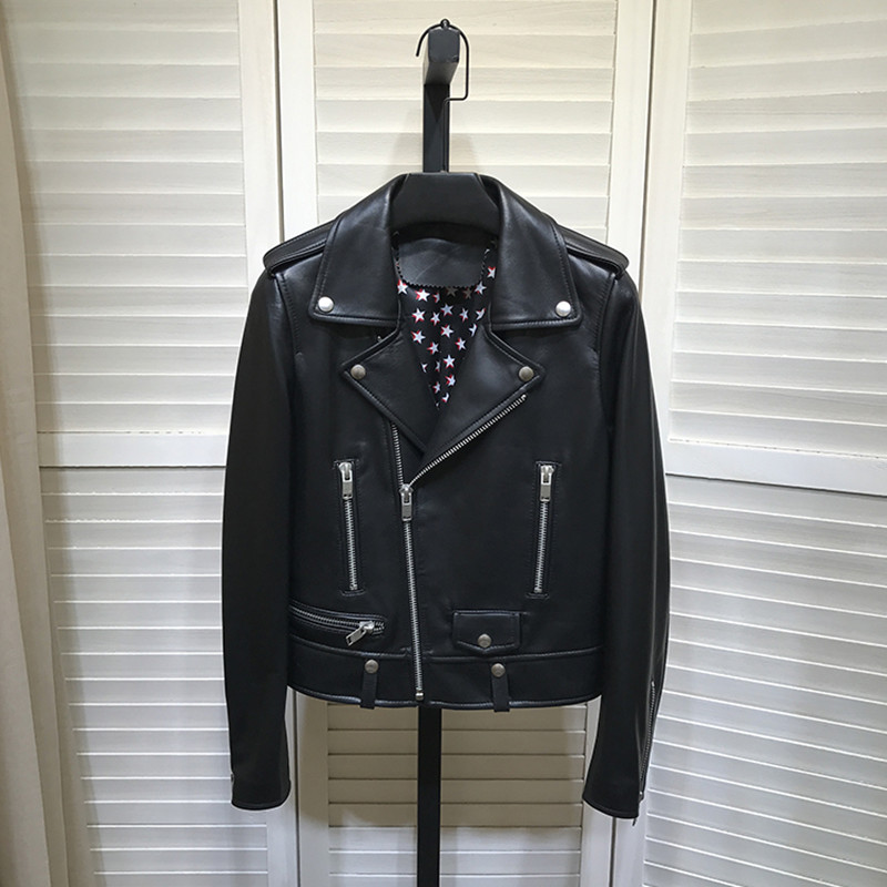 

Chic women' Leather Biker jackets 2020 Autumn New designer High quality sheep skin Real leather coat C308, Black