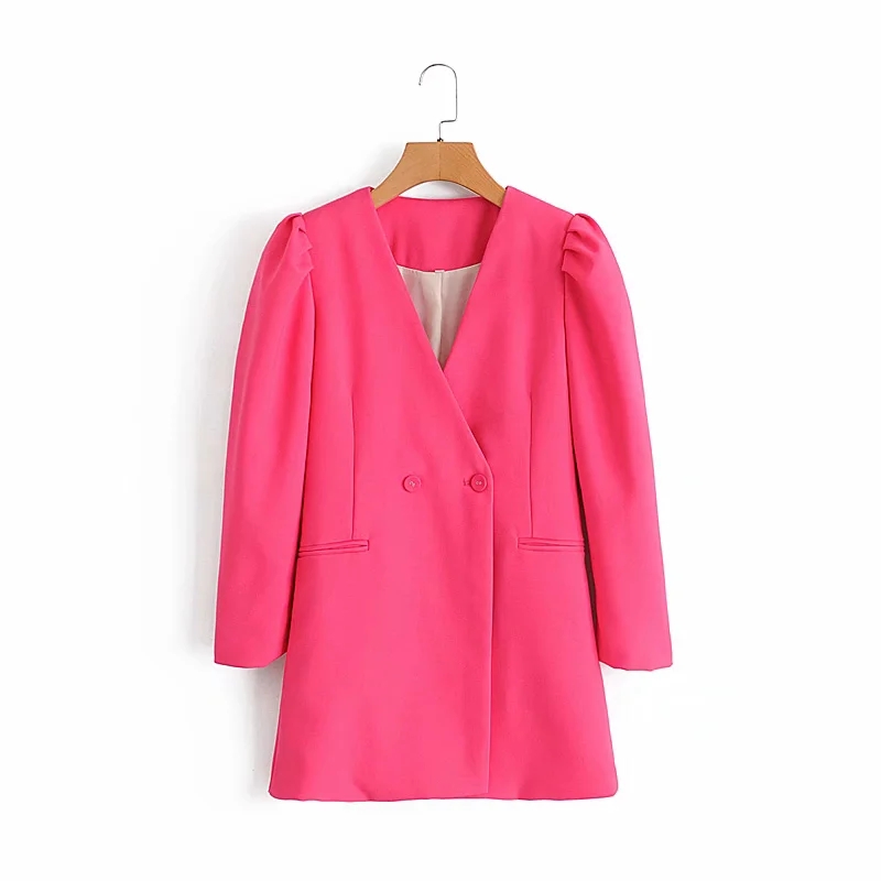 

Stylish Chic Pink Buttons Pockets Blazers 2020 Women Elegant Fashion V-Neck Long Blazer Coats Casual Female Outerwear