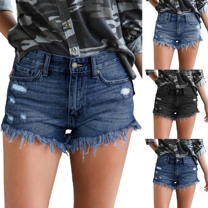 

Shorts Women Casual Mid Waist Cotton Sexy Jean Short Button Pockets Tassel Denim Shorts, E663997
