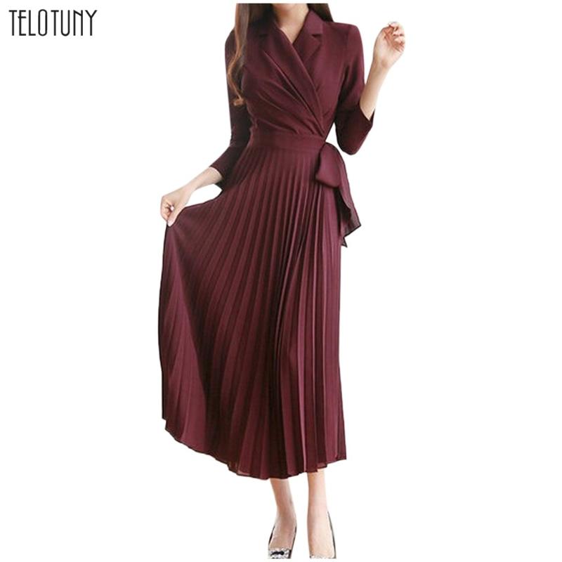 

TELOTUNY Vintage Long Sleeve Solid Dress 2020 Women's V-Neck Bodycon Belted Big Swing Pleated Dress Party Dresses Vestidos L106, Rd