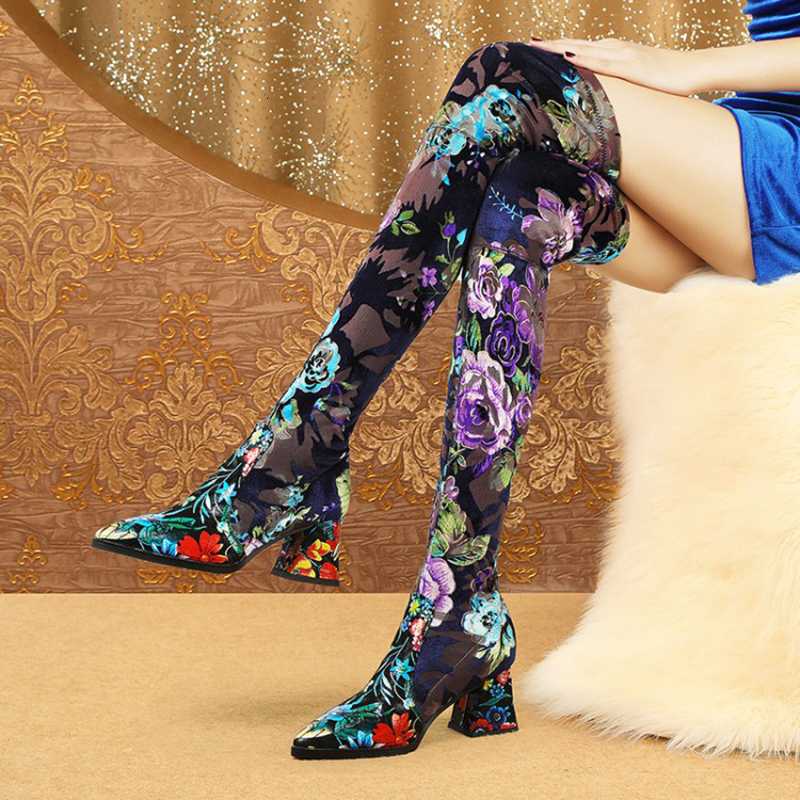 

Ladies Thigh High Boots Women Over The Knee Print Flower Kid Suede Shoes Woman Autumn Winter Warm Sexy Boots Botas Largas Mujer, Black middle heel
