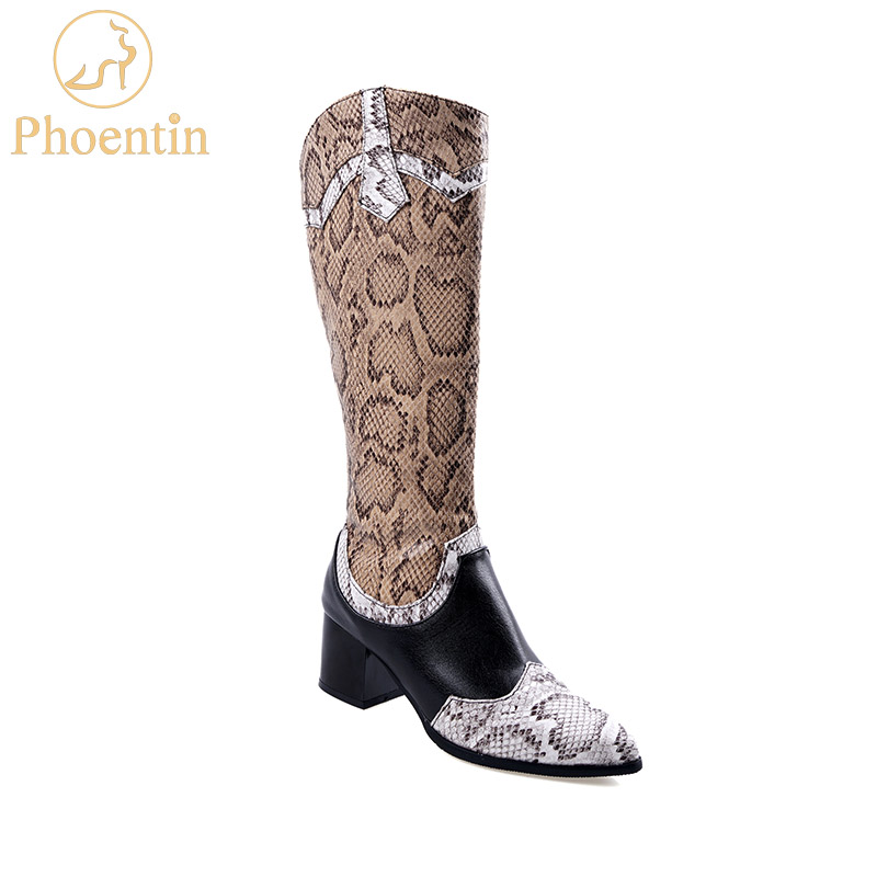 

Phoentin snake printed knee high boots 2020 new western mixed colors booties woman PU leather plus size 48 zipper shoes FT775, Black
