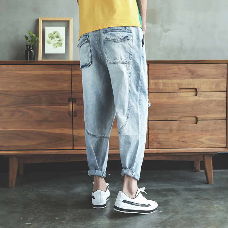 

Summer Men light blue Harem denim pants Male drop Crotch jeans Joggers Boyfriends Ankle Length Ripped Sagging trousres B80606, Lake blue