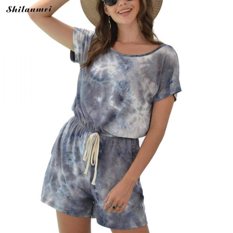 

New 2020 Women Tie Dye Printed Lace-Up Pockets O-Neck Short Sleeve Wide Leg Pants Cotton Romper Summer Leisure Clothing Overalls, Gray