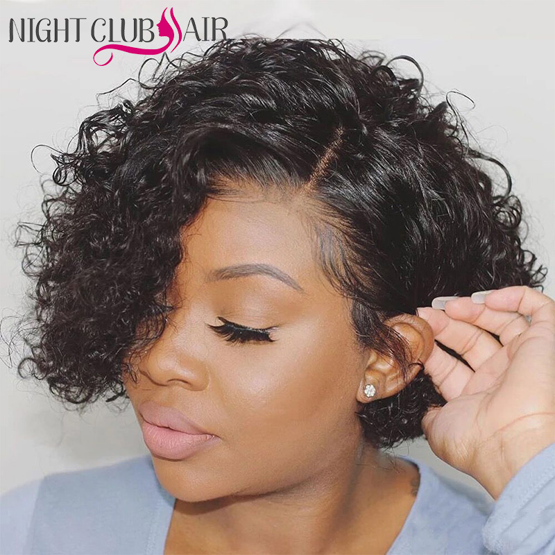 

Night Club Short Curly Human Hair Wigs Kinky Curly Lace Front Wig Black Girl Bob Wigs Pixie Cut Wig, 13x4 lace front wig