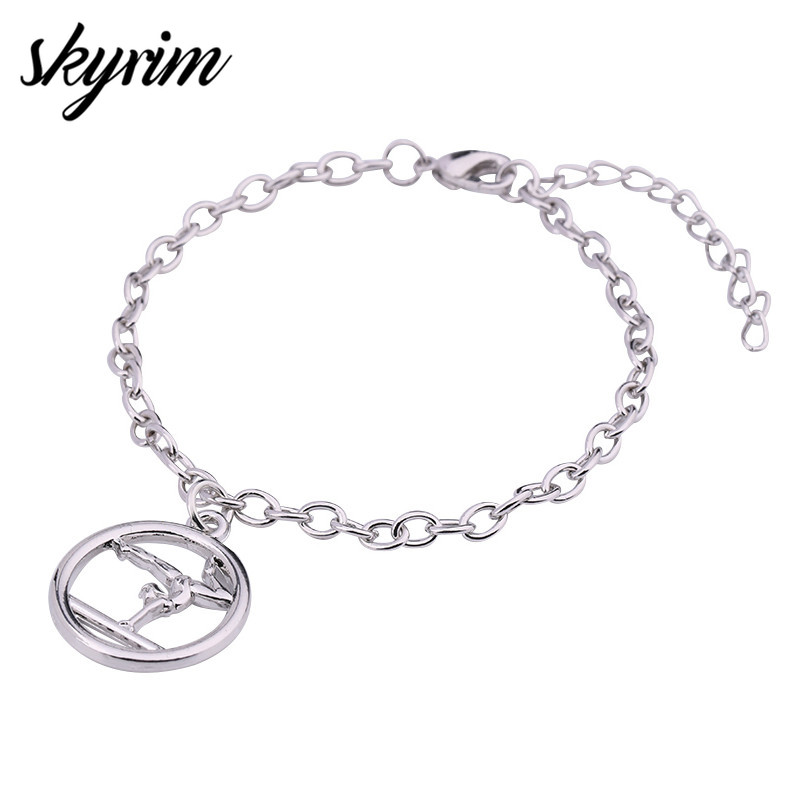 

Skyrim Hollow Sporty Charm Gymnastics Girl Design Round Charms Bracelet Link Chain Bangle Silvery Tone Jewelry for Women Gift