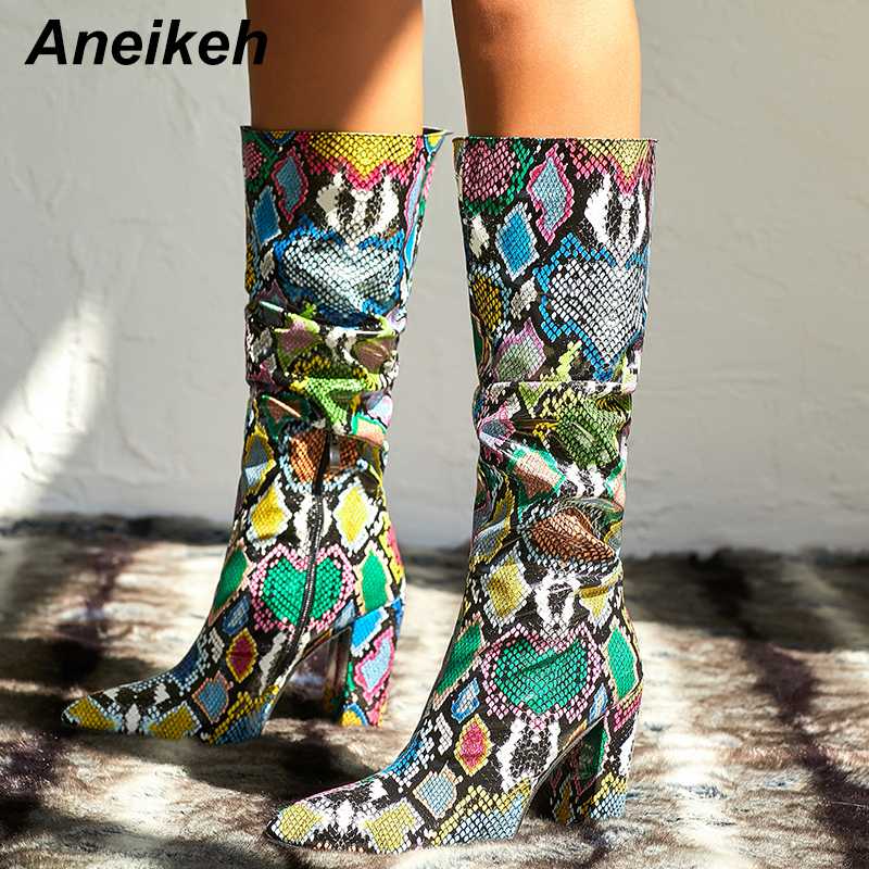 

Aneikeh 2020 Winter Colour Serpentine Fashion Boots Heel High Knee-High Pointed Toe Pumps Night Club Party Boots Shoe Size 35-42, Color