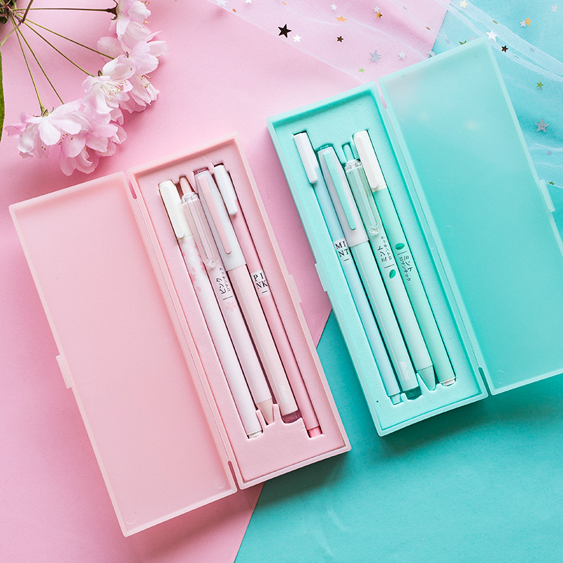 

Macaroon Color Pink Mint Sakura Gel Pen Set with Pencil Box The Office Pens 0.5mm Black Ink Cute School Girls Gift Stationery