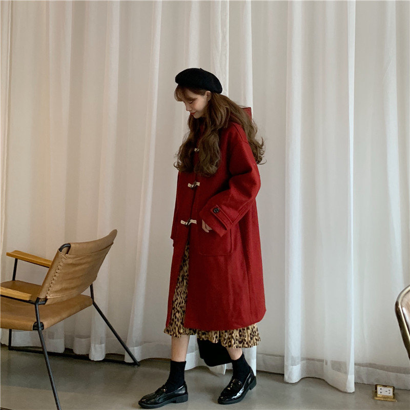 

Alien Kitty Chic Warm Soft Female Clamping-cotton Fresh Hooded Fashion Sweet Loose Horn Buttons Women Woolen Winter Long Coat, Red