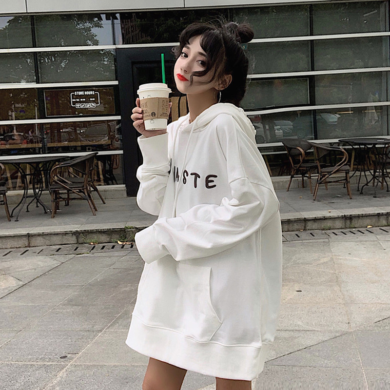 

New Autumn Arrival Loose Mid-length Letter Embroidery Print Cute Girl Long-sleeved Hooded Sweatshirt2020, Black