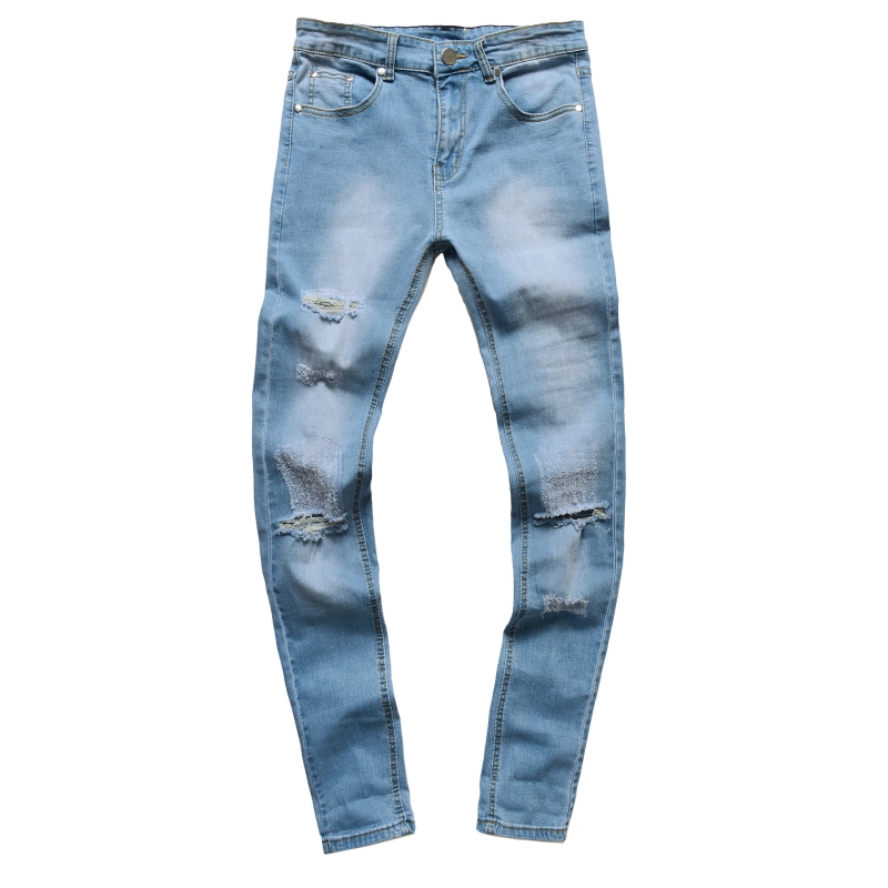 

Men Holes Jeans New Fashion European High Street Motorcycle Biker Jeans Male Men Hip Hop Ripped Slim pants Dropshipping, Light blue
