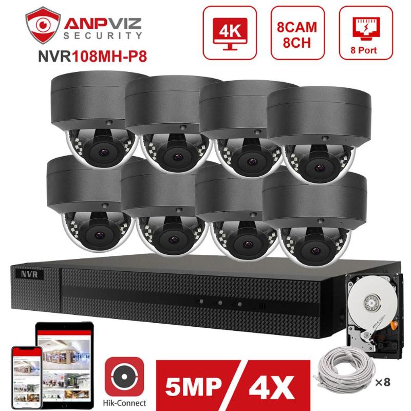 

Hikvision OEM 8CH 4K NVR Anpviz 4/6/8pcs 5MP 4X Zoom IP Camera POE IP Security System Indoor/Outdoor Plug & Play IP66 P2P 30m IR