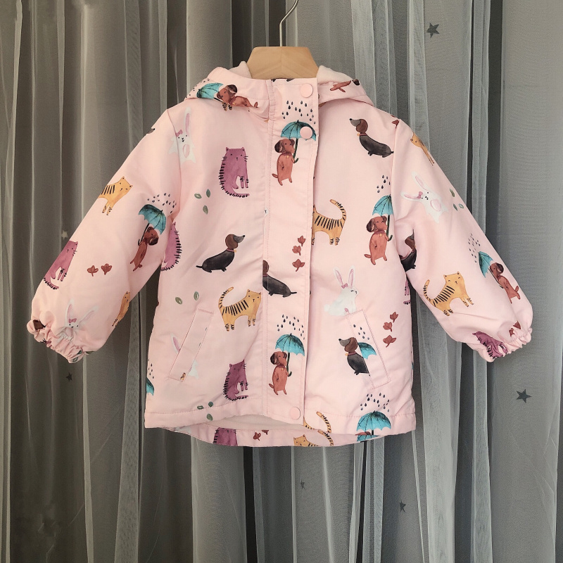 

2020 brand new autumn/winter gilrs pink windproof hooded jacket with animal print, size 3Y to 8Y, Pink animal