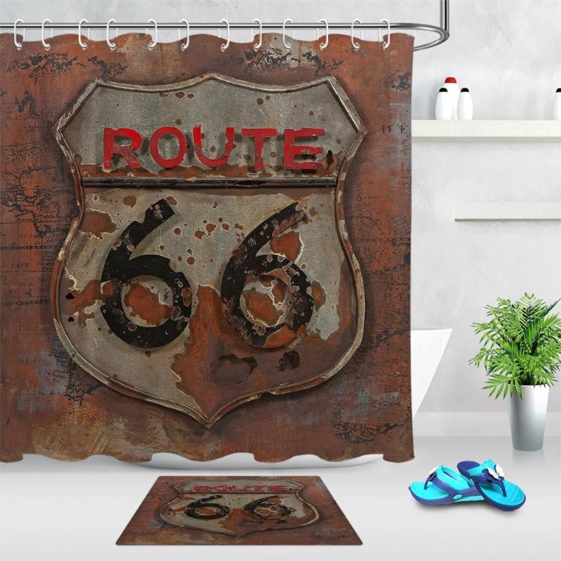 

Old Rusty Route 66 Bathroom Shower Curtain Retro Style Shower Curtains Home Waterproof Polyester Fabric Curtains with Hooks