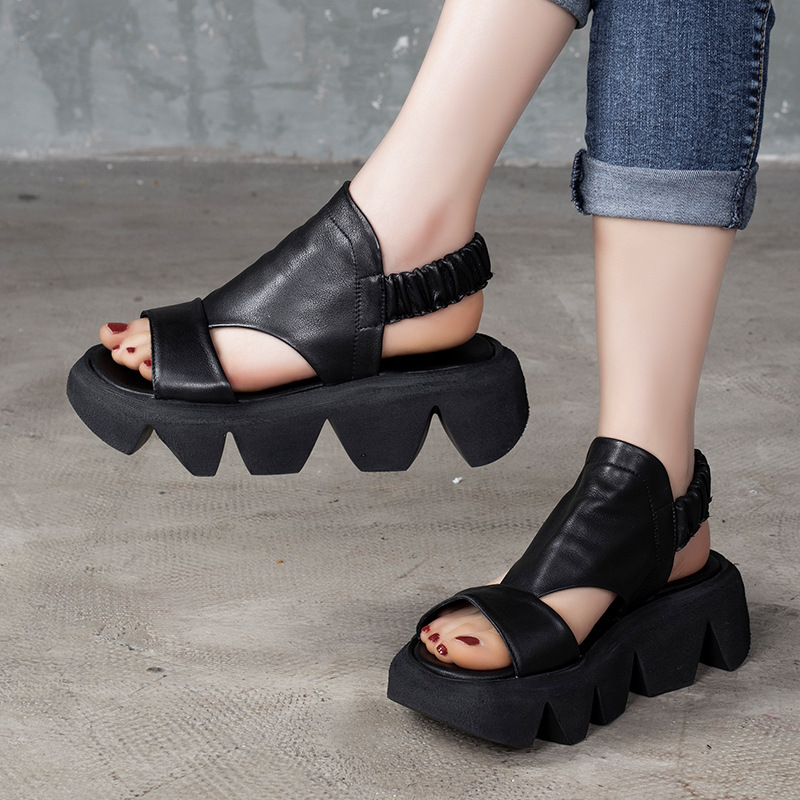 

YourSeason Retro Women Casual Heighten Shoes Genuine Leather 2020 New Summer Leisure Ladies Elastic Band Platform Sandals, Black