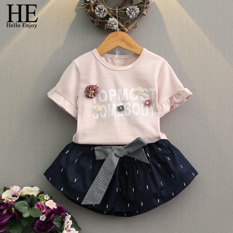 

HE Hello Enjoy Girls Clothing Sets Summer Fashion 2020 Childrens Clothes Kids Short Sleeve Stripe Letter T-shirt+Bow Skirt Suits, Pink