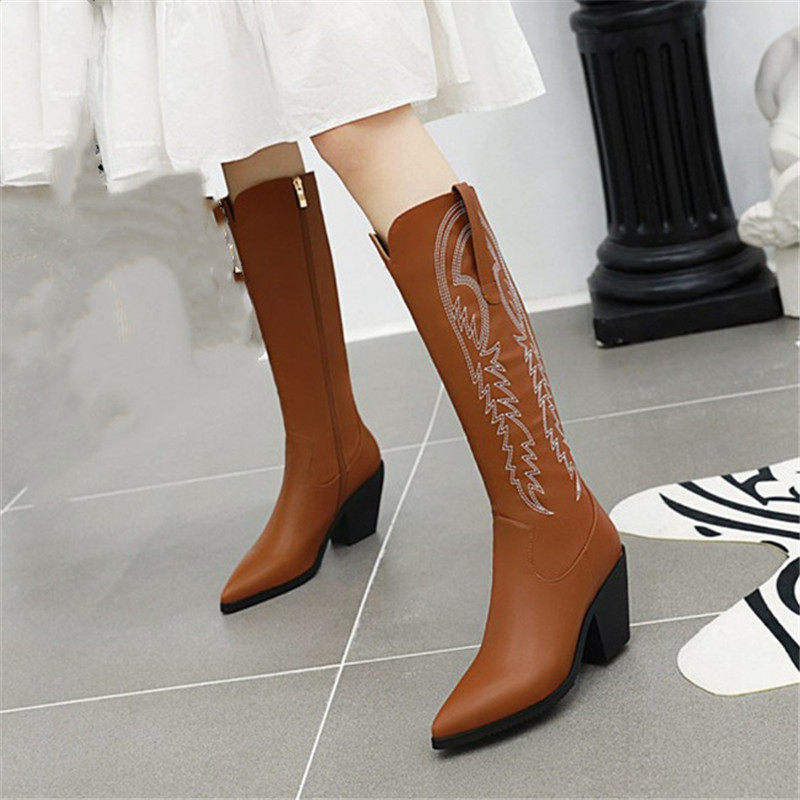 

PXELENA Handmade Embroider Mid Calf Boots Women Zip Chunky Block High Heels Western Cowoby Boots Winter Shoes Plus Size 34-43, Black