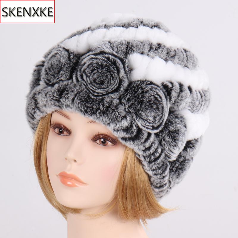 

Russia Winter Women Flower Striped Natural Real Fur Hats Lady Warm Knitted Genuine Rex Fur Caps Outdoor Beanies Hats, Grey