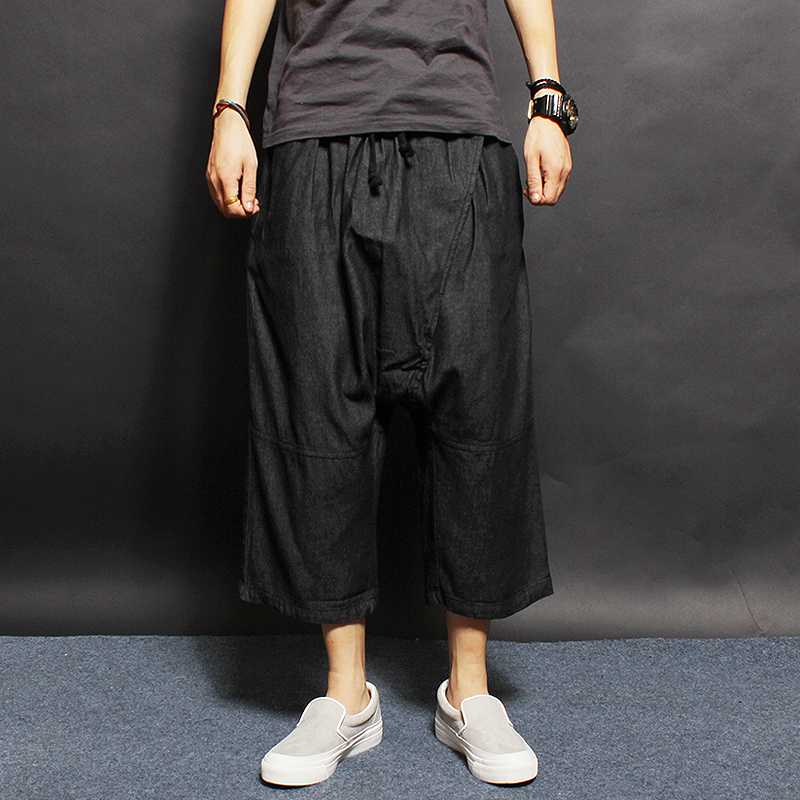 

Hot ! Men's fashion slim casual Harem pants personality loose fashion street jeans denim capris brief singer costumes, Black
