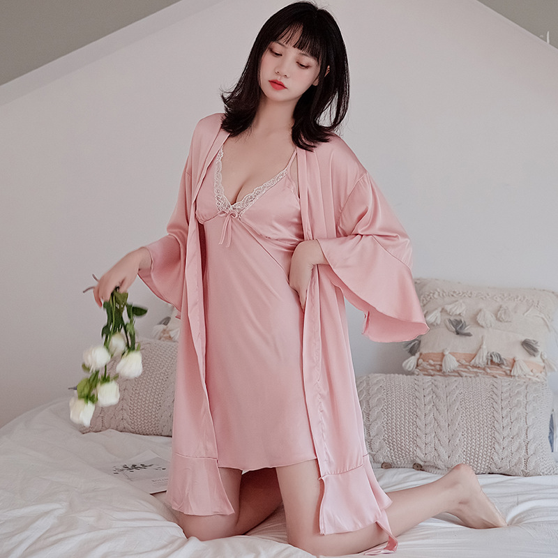 

Women Sexy Suspender Nightdress Set 2PCS Sleepwear Summer Thin Nighty&robe Set Bath Gown Casual Loose Satin Intimate Lingerie, Pink