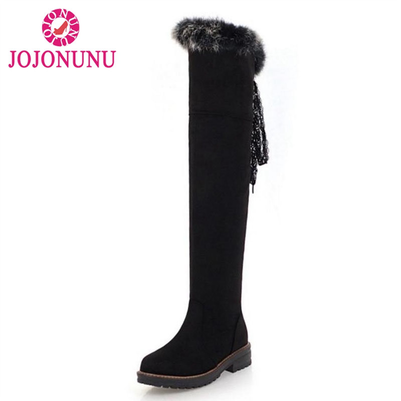 

FITWEE Women Thigh High Boots Winter Plush Fur Warm Shoes Woman Square Heels Platform Boots Bowknot Zipper Shoes Size 34-43, Black