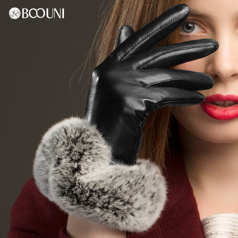 

Five Fingers Gloves BOOUNI Genuine Leather Fashion Black Women Sheepskin Glove Wrist Hair Thermal Winter Driving NW769