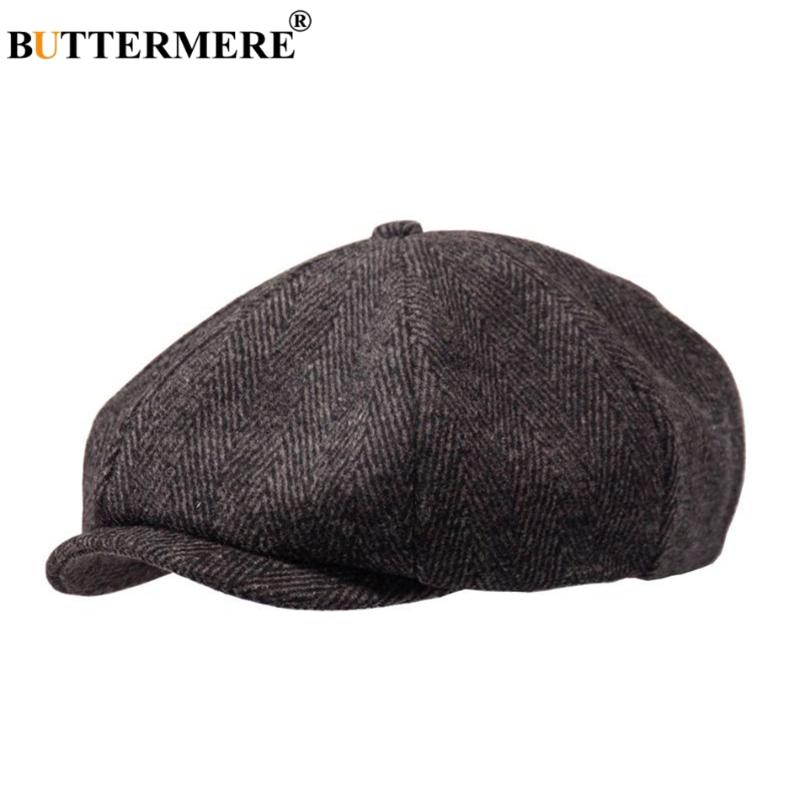 

BUTTERMERE Newsboys Beret Herringbone Men Flat Caps Wool Casual Winter Tweed Female England Style Classic Octagonal Hats And Cap, Herringbone coffee