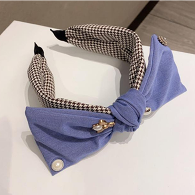 

Classic Dog Tooth Plaids Hairband Bow Knotted Center Women Metal Bees Headband Adults Face Wash Wide Head Band Women Hair Hoop