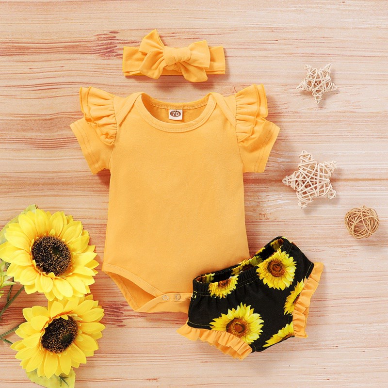 

Summer Baby Girl Casual Short Sleeve Romper Tops Floral Shorts Headband Outfits Set Baby Girl Cute Romper PP Pants Sets New, As pic