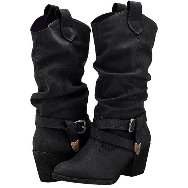 

Women's Buckle Strap Boots Leather Cross Strap Knee-High Suede Square root heel Shoe woman Cowboy Low-heeled Slip-On Flock Boots, Black