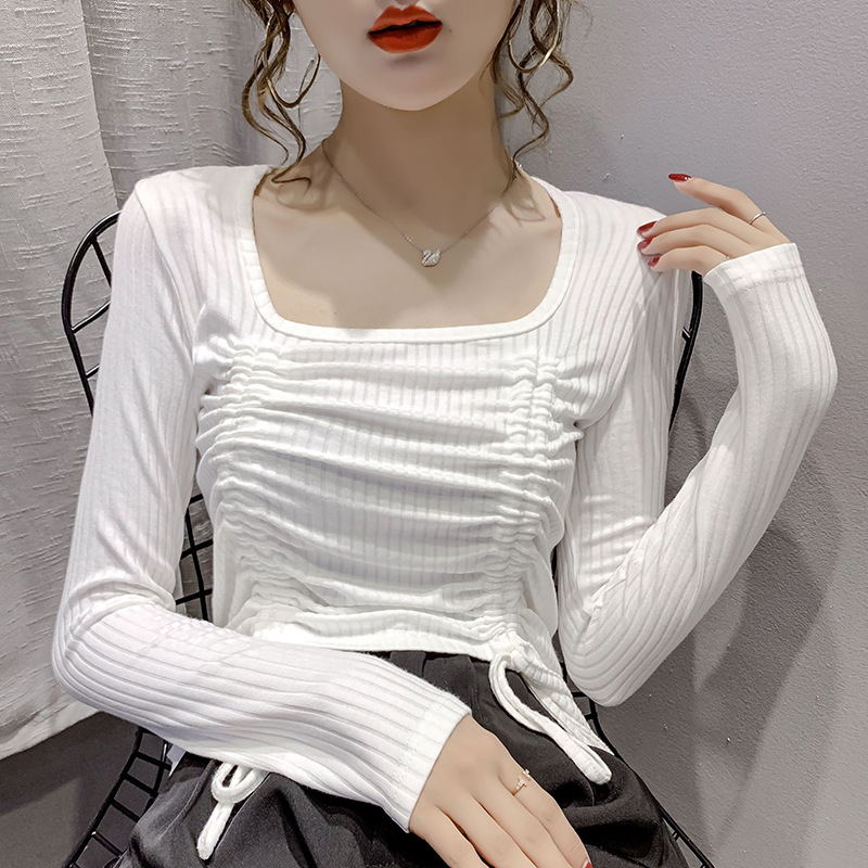 

C Long-sleeve T-shirt Female 2020 Early Autumn New Style Slim Fit Slimming Drawstring Stripes Base ShirT, White