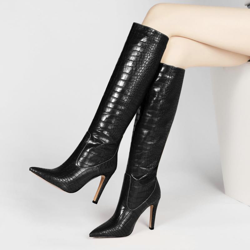 

Crocodile pattern knee-length boots autumn and winter fashion pointed toe stiletto sexy high-heeled boots shoes women Mid boot, Black