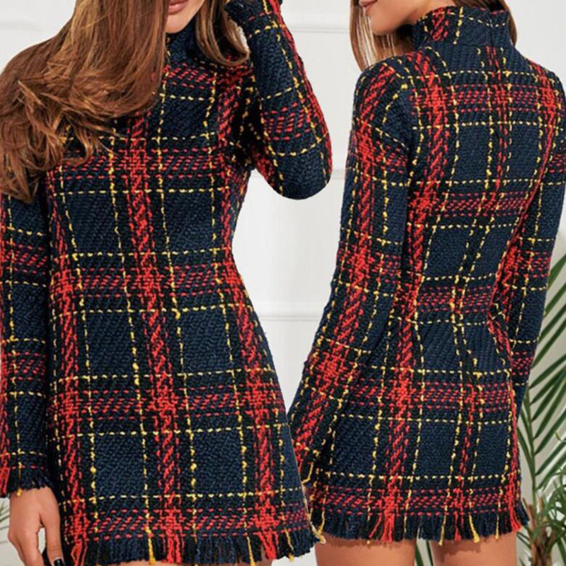 

Elegant Plaid Tweed Women Dress Winter Office Lady Long Sleeve Warm Christmas Dress Vintage Sexy Autumn Dresses, As show
