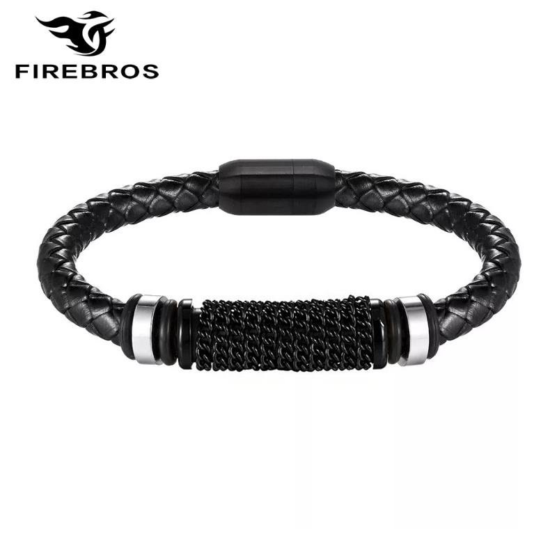 

FIREBROS 2020 Black Gold Stainless Steel Charm Magnetic Clasp Genuine Leather Bracelet Bangle Men Women Punk Jewelry Accessories