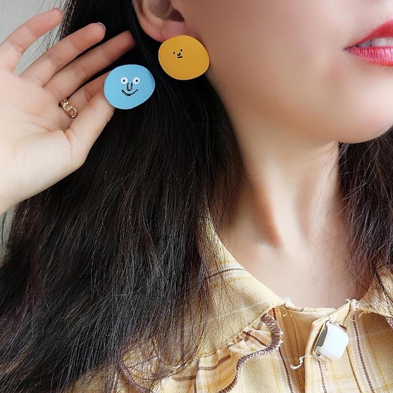 

AENSOA Fashion Cartoon Funny Creative Earrings 2020 Unique Face Candy Color Asymmetric Earrings Female Trendy Statement Jewery