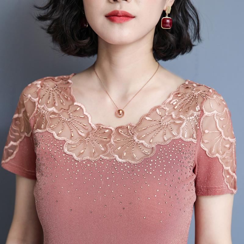 

summer t shirt women fashion casual short sleeve shirt mesh tops patchwork hollow out Diamond plus size women t-shirt, Pink