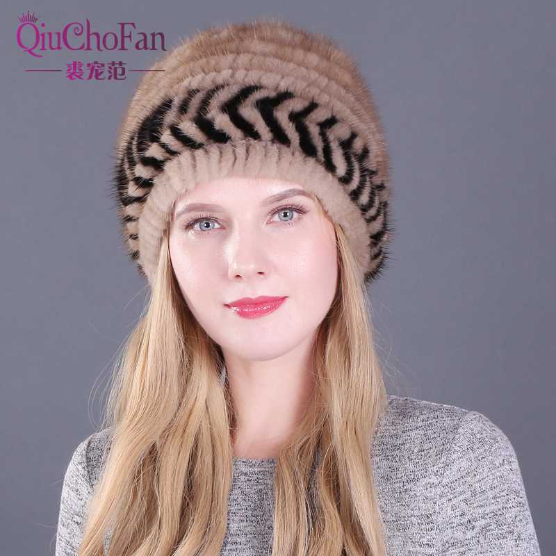 

Real Natural Mink Hats for Women Winter Knitting Ear Warm Two-color Match Cap Cross-weave With New Fashion Fur Hat, Color7