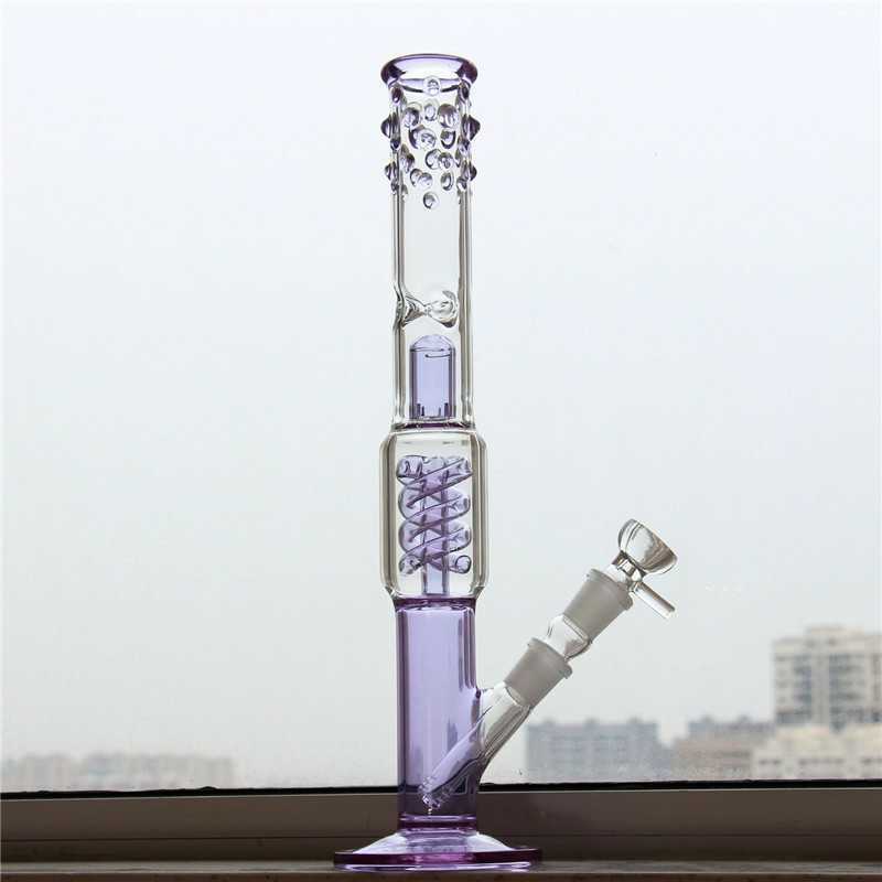 

15 Inch 38CM Straight Purple Glass Bongs With Irregular Spots On Top Water Pipe Hookah US Shipping