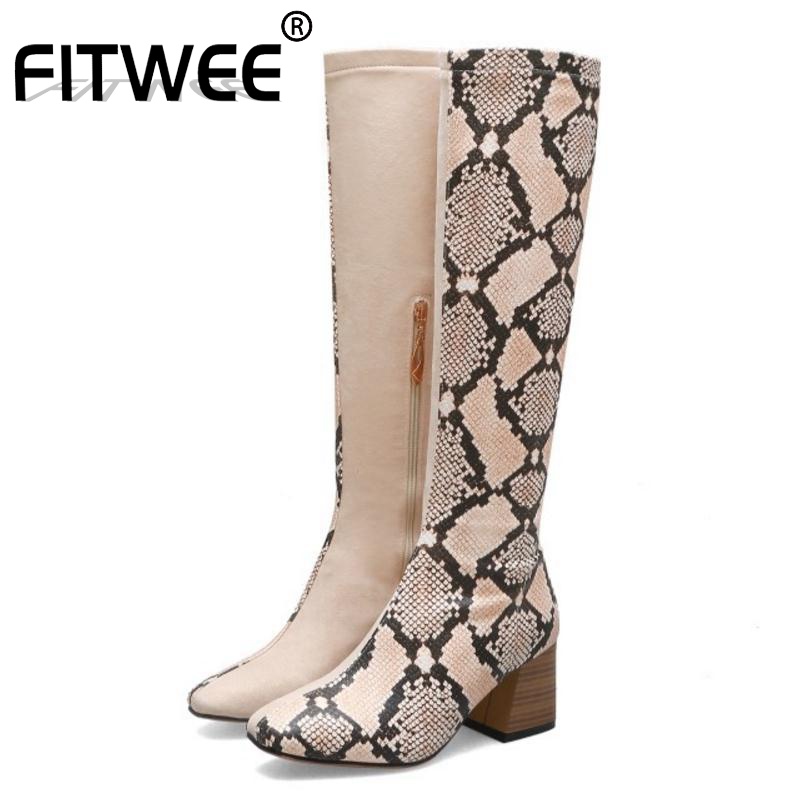 

FITWEE Plus Size 32-48 Women Knee Boots Fashion Plush Fur Warm Winter Shoes Women Zipper High Heel Long Boot Snake Footwear, Black