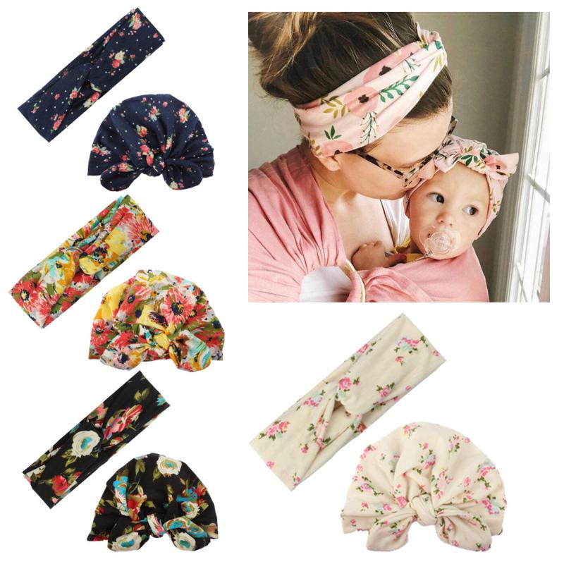 

2020 Mom and Baby Floral Printed Cross Headband Baby Boys Girls Ear Hat Cap Cute Cotton Headband Turban Hair Accessories