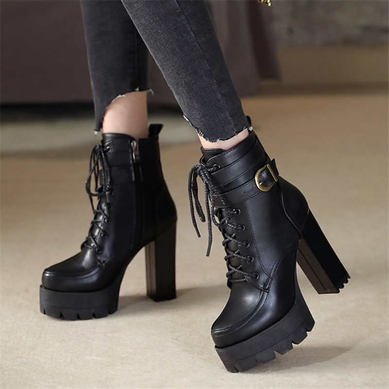 

2020 Platform Women Boots Square High Heel Ankle Boots Lace Up Zipper Motorcycle Autumn Winter Plush Ladies Shoes, Black