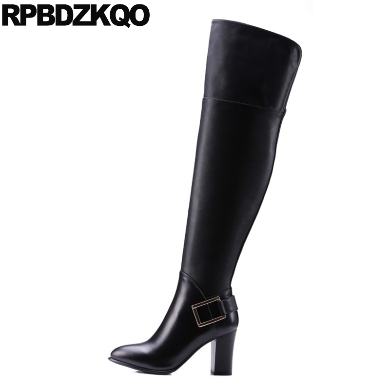 

black pointed toe brand women winter boots genuine leather long chunky over the knee luxury block metal shoes tall high heel