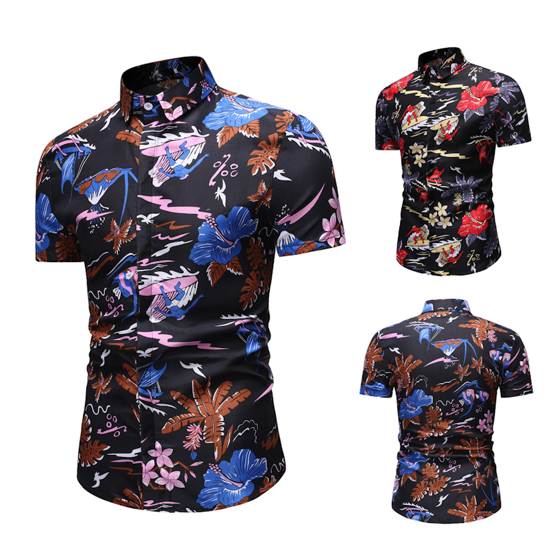 

LOLDEAL Summer Slim Short Sleeve Floral Shirt Men's Casual Cotton Shirt, Blue