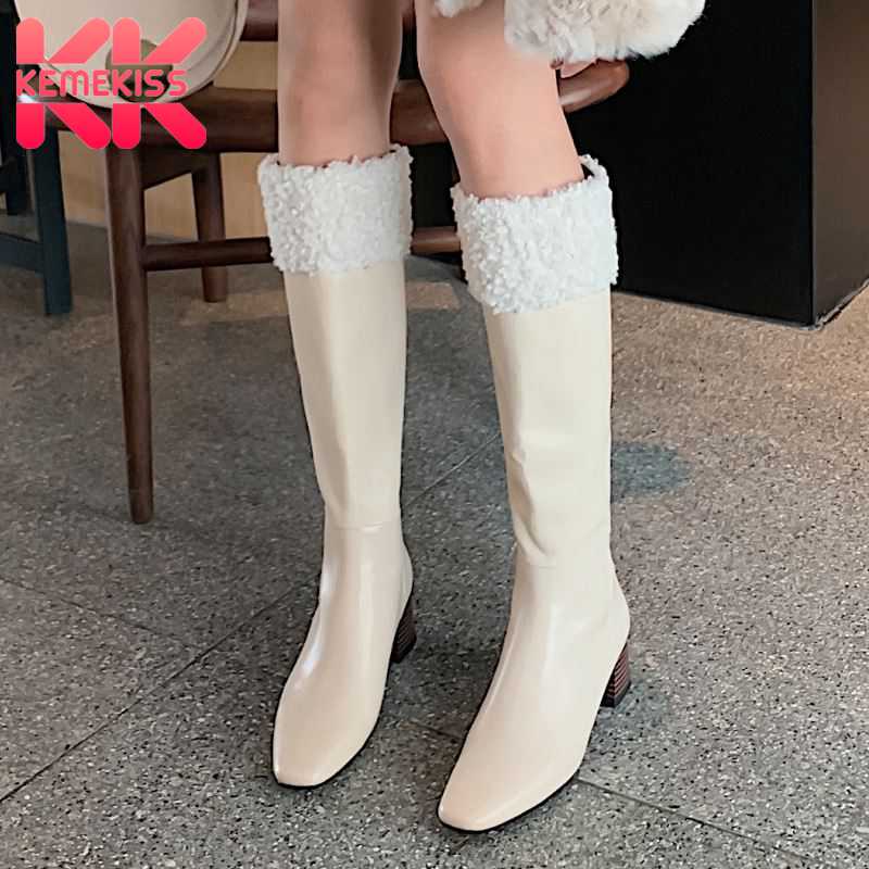 

KemeKiss Real Leather Women Knee Boots Thick Heel Fur Square Toe Zipper Shoes Warm Boots Women Fahion Party Footwear Size 33-40, Beige