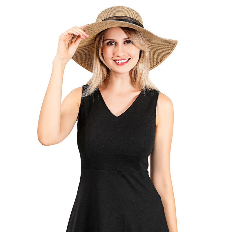 

Summer Beach Hats Wide Big Brim Floppy Straw Hats Sun For Women UV Protection Panama Ladies Bow Hat Chapeau Femme Ete U23, Beige